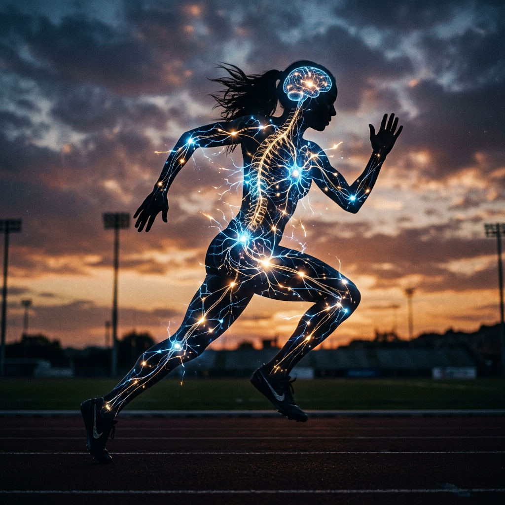 Silhouette of a person running with illuminated brain and nervous system pathways.