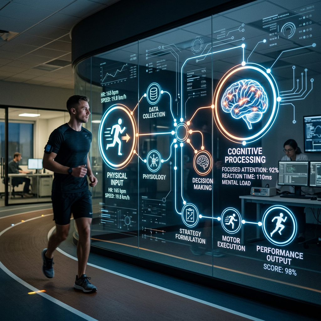 Man running indoors with digital overlay showing heart rate, speed, cognitive processing, and performance metrics