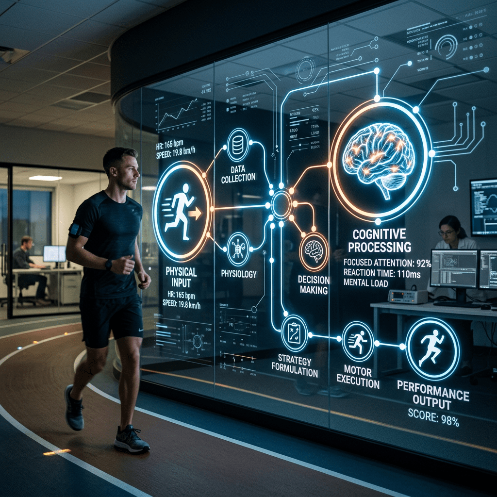 Man running indoors with digital overlay showing heart rate, speed, cognitive processing, and performance metrics