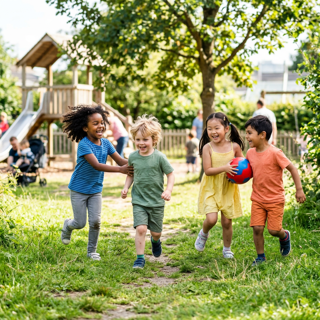 Four diverse children running and smiling on grass with a playground in background