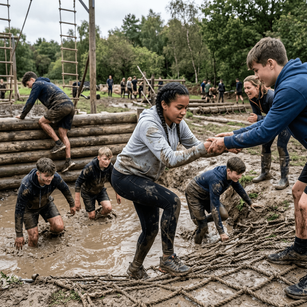 Young people overcoming a muddy obstacle course with teamwork and support